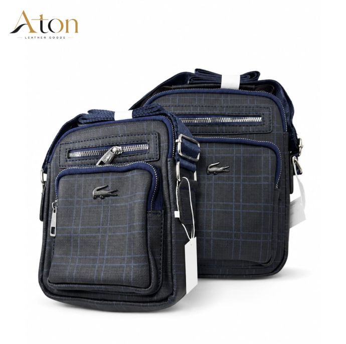 Aton Grid-Check Leather Messenger Bag — Indigo